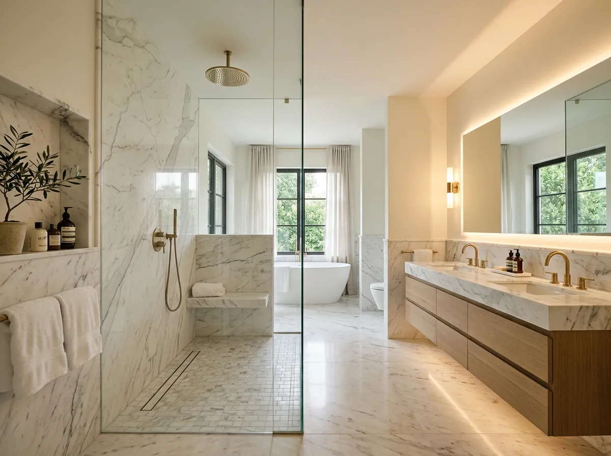Remodeled bathroom with a walk-in glass shower, marble tile, and a floating wood vanity