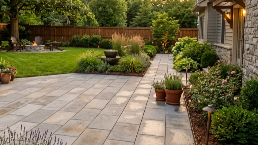 Custom stone paver patio with decorative border